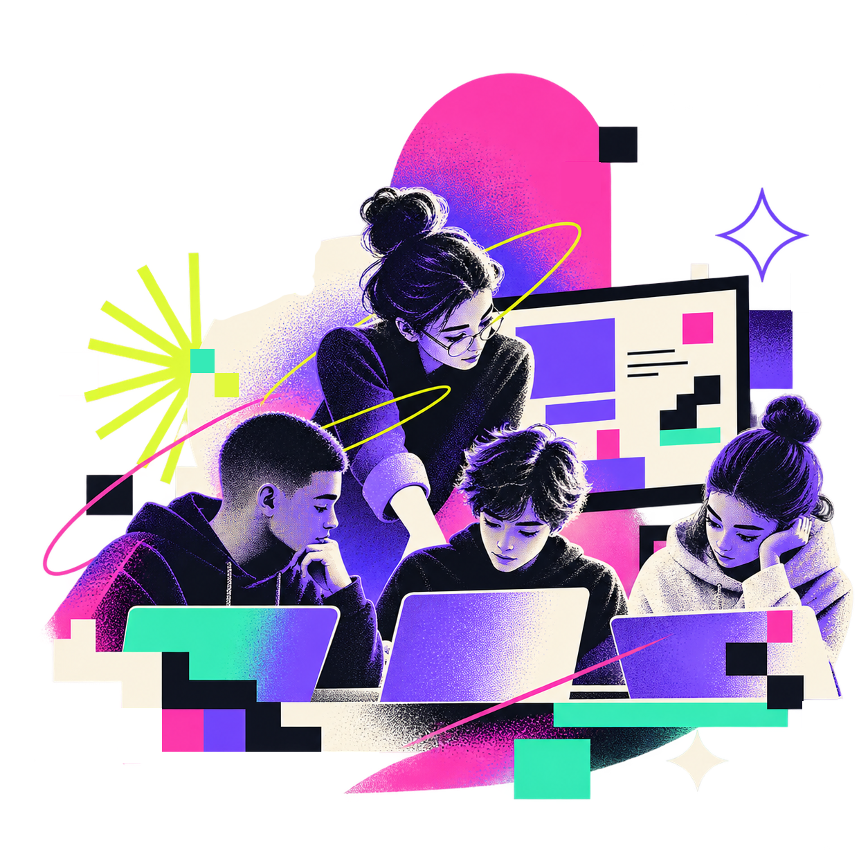 Ilustracija: nastavnica i učenici rade zajedno na laptopovima